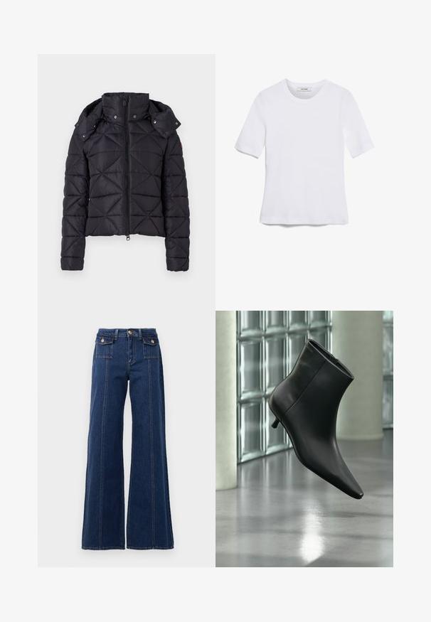 Schwarze, gepolsterte Jacke mit Steppdesign, Reißverschluss und abnehmbarer Kapuze. Verfügt über elastische Bündchen und einen leicht verkürzten Schnitt.; Weißes kurzärmliges T-Shirt aus geripptem Stoff. Runder Halsausschnitt, normale Passform und dezente Nähte. Keine Muster oder Grafiken.; Dunkelblaue, weite Jeans aus Denim. Verfügt über vier Taschen, große Nähte und ein High-Waist-Design. Klassischer Knopfverschluss.; Schwarzer Leder-Stiefelette mit spitzer Zehenpartie und niedrigem Kitten-Heel, schräg dargestellt vor einem polierten Boden und einer Glasbausteinwand.
