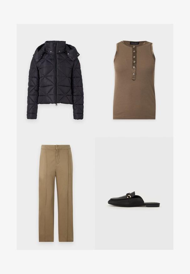 Sort puffet jakke med quiltet design, lynlås lukning og aftagelig hætte. Har elastiske manchetter og en let cropped pasform.; Ærmeløs brun ribbet tanktop med seks forreste knapper og rund halsudskæring, mærket Anna Field.; Khaki bukser lavet af glat stof, med en mellemhøj talje, lige ben-design og to lodrette sømme for ekstra detaljer.; Sort slip-on sko lavet af glat læder. Har en rund tå, en dekorativ vævet strop og en lille guldfarvet detalje. Flad sål.