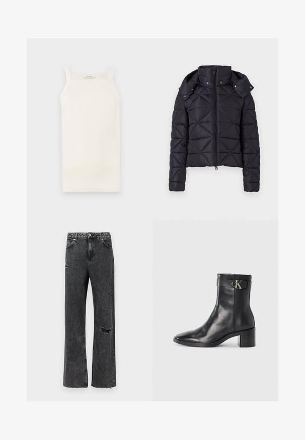 Sort puffet jakke med quiltet design, lynlås lukning og aftagelig hætte. Har elastiske manchetter og en let cropped pasform.; Cremefarvet ribbet tanktop med tynde stropper, tætsiddende design og lige kant. Etiketten siger "IVY OAK." Materialet ser blødt og strækbart ud.; Vidbenede jeans i vasket sort denim med detaljeret slid ved knæet, opskåret kant og standard knapgylp med lommer.; Sort læder ankelstøvle med spids tå, blokhæl og en rem med en metallisk logo detalje. Glat tekstur og minimalistisk design.
