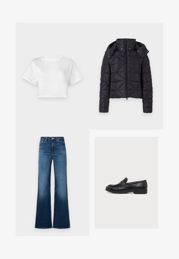 Schwarze, gepolsterte Jacke mit Steppdesign, Reißverschluss und abnehmbarer Kapuze. Verfügt über elastische Bündchen und einen leicht verkürzten Schnitt.; Weißes, kurzes T-Shirt aus Baumwolle. Kurze Ärmel, runder Ausschnitt, glatte Textur, lässiges Design ohne Muster oder Verzierungen.; Schlagjeans aus Denim in Blau mit mittelhoher Taille, fünf Taschen, kontrastierenden Nähten und leicht verwaschenem Finish.; Schwarzer Herrenkalbslederloafer mit niedrigem Absatz, Mokassinnaht und einem dekorativen Riemen über dem Oberteil.