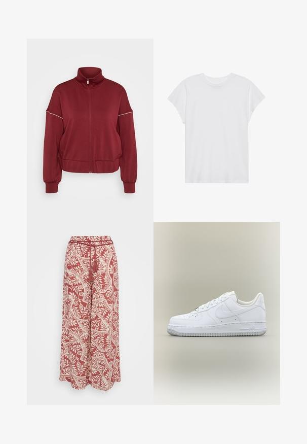 Chaqueta burdeos con cremallera y cuello alto, puños y cintura elásticos. Presenta una delgada franja blanca a lo largo de los hombros. Textura de tela suave.; Camiseta blanca de manga corta con cuello redondo, corte relajado, hecha de suave tela de algodón. Textura lisa, sin estampados ni logotipos.; Vero Moda Petite VMBALI WIDE PANTS - Pantalones - marsala; Zapatilla Nike Air Force 1 blanca de caña baja con cordones, puntera perforada y suela de goma texturizada sobre fondo neutro.