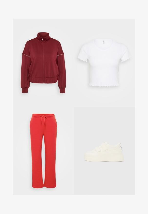 Bordeaux zip-up jack met hoge kraag, elastische manchetten en tailleband. Heeft een slanke witte streep over de schouders. Zachte stofstructuur.; Witte geribbelde crop top met korte mouwen, voorzien van een ronde halslijn en gegolfde randen aan de mouwen en de zoom. Soepele textuur.; Rode sweatpants van zacht katoen, met een elastische tailleband met een trekkoord en een rechte pijpdesign. Glad van textuur.; Witte platform sneaker met dubbele klittenbandsluitingen en zilverkleurige studs op de hiel, zijdelings getoond tegen een effen achtergrond.