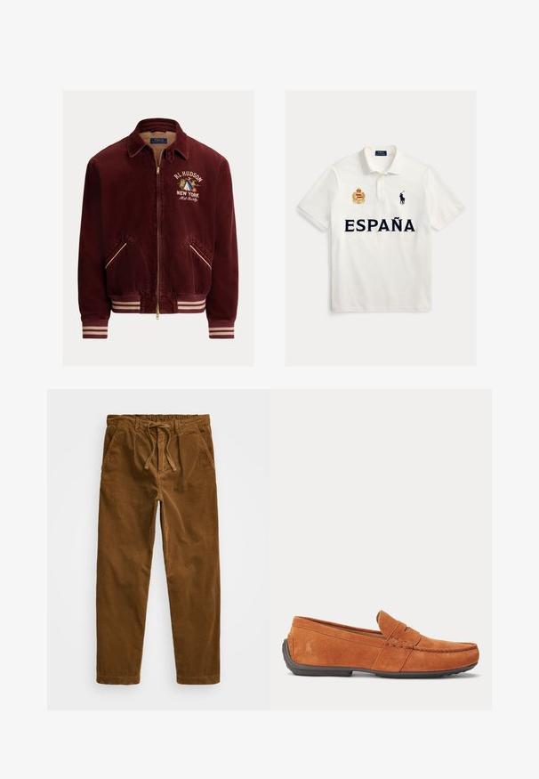 Bordeauxroter Cordjacke mit Rippenbündchen an Ärmeln und Saum, ausgestattet mit einem goldfarbenen Reißverschluss, besticktem "RL Hudson New York"-Logo und hellbeiger Innenfütterung.; Weißes Polohemd mit dem Schriftzug „ESPAÑA“, besticktem spanischen Wappen auf der linken Brust und schwarzem Polo Ralph Lauren Pferdelogo auf der rechten Brust.; Braune Cordhosen mit einem elastischen Bund und Zugband, seitlichen Taschen und geraden Beinen mit strukturiertem Rippenmuster.; Brauner Wildleder-Herrenschuh mit Ziernähten, einer Münzöffnung am Schaft und einer dunklen Gummisohle.