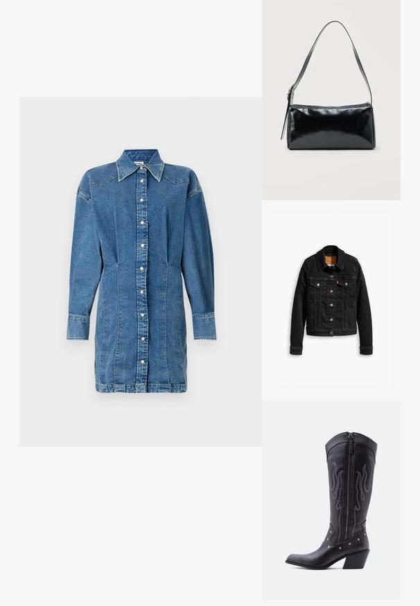 Schwarze Jeansjacke mit zwei Brusttaschen, silbernen Knopfverschlüssen und einem klassischen Kragen. Glatte Textur mit kontrastierenden Nähten.; Denimhemdenkleid, hellblau, mit langen Ärmeln, Knopfleiste vorne, spitzem Kragen, seitlichen Nähten mit leichter Raffung und gestickten Details.; Schwarze Cowboy-Stiefel aus Leder mit spitzer Zehenpartie, sichtbarer Nahtführung, silbernen Nietenakzenten und Reißverschluss auf der Innenseite.; Schwarze rechteckige Schultertasche mit einem verstellbaren Riemen und einem oberen Reißverschluss vor einfachem Hintergrund.