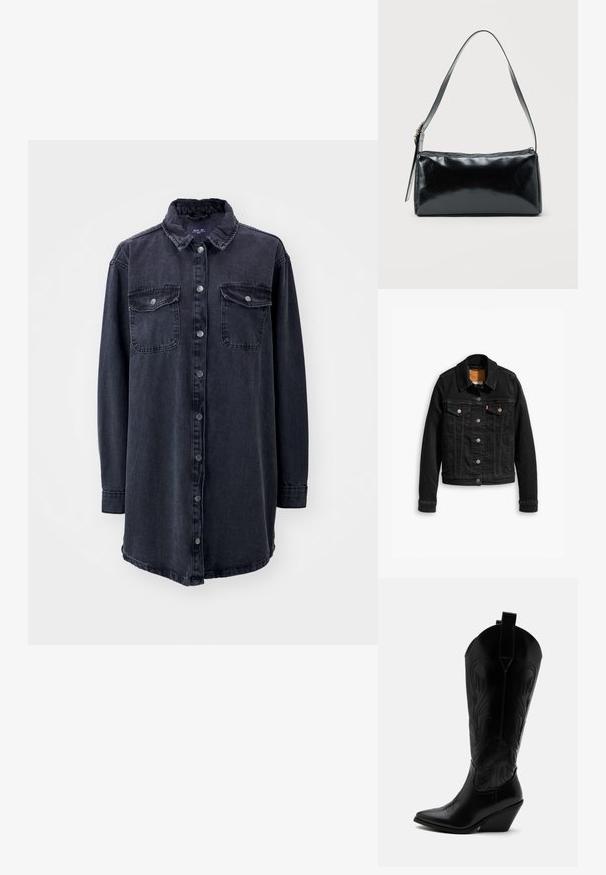 Schwarze Jeansjacke mit zwei Brusttaschen, silbernen Knopfverschlüssen und einem klassischen Kragen. Glatte Textur mit kontrastierenden Nähten.; Dunkelblaustes Denim-Hemd mit Kragen, langen Ärmeln, vorderem Knopfverschluss und zwei Brusttaschen. Hat eine leicht lockere Passform und einen abgerundeten Saum.; Schwarzer Leder-Cowboystiefel mit spitzer Zehe, schrägem Blockabsatz, dekorativer Naht und Zuglaschen oben vor weißem Hintergrund.; Schwarze rechteckige Schultertasche mit einem verstellbaren Riemen und einem oberen Reißverschluss vor einfachem Hintergrund.