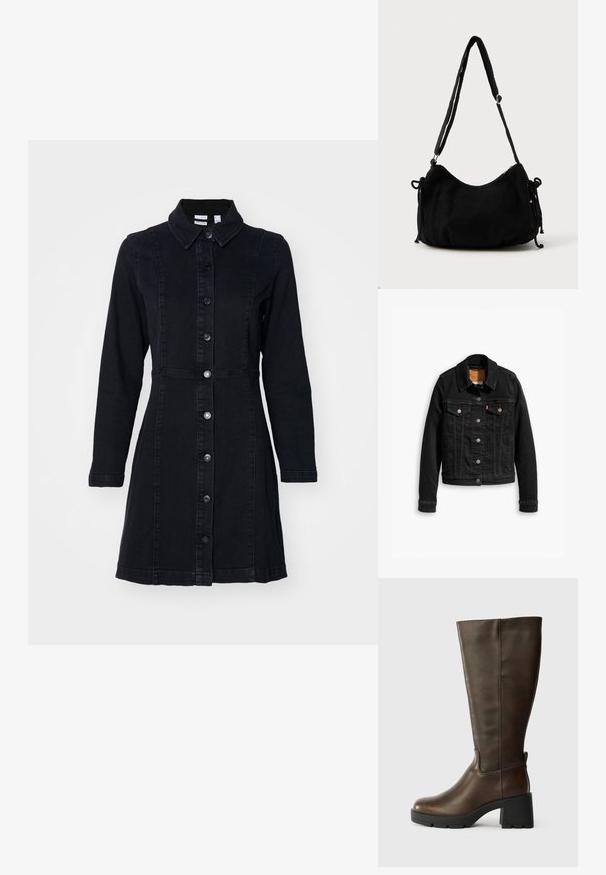 Sort denimjakke med to brystlommer, sølvknap-lukninger og klassisk krave. Glat tekstur med kontrasterende syningsdetaljer.; Sort denimkjole med krave, lange ærmer og knapper foran. Har en tætsiddende talje og en udvidet nederdel. Glat tekstur.; Brune læder knæhøje støvler med en kraftig sort hæl og struktureret finish. Har en rund tå og diskret sømdetaljering på siden.; Sort kordfløjls skuldertaske med en buet form, justerbar strop og snorelukninger på begge sider til størrelsejustering.
