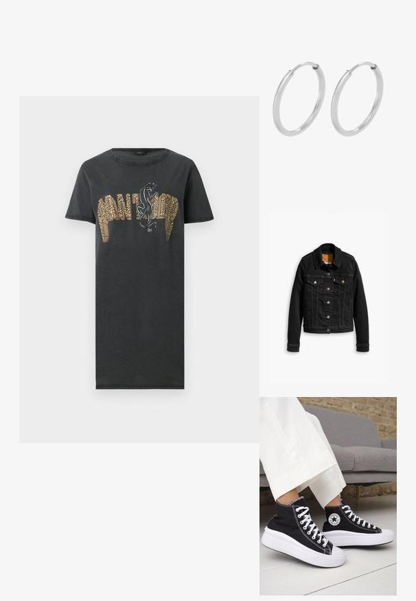 Schwarze Jeansjacke mit zwei Brusttaschen, silbernen Knopfverschlüssen und einem klassischen Kragen. Glatte Textur mit kontrastierenden Nähten.; Schwarzes Kleid mit kurzen Ärmeln, mit dem Schriftzug „PANTHER“ in Leopardenmuster und einer schwarzen Panthergrafik über den Buchstaben auf der Vorderseite.; Schwarze High-Top-Sneaker mit weißen Gummisohlen und Schnürsenkeln. Verfügt über ein rundes Logo-Patch und kontrastierende weiße Nähte. Aus Canvas-Material.; Silberne Creolen, kreisförmig, mit glatter, glänzender Oberfläche und gleichbleibender Breite. Minimalistisches Design ohne zusätzliche Akzente.