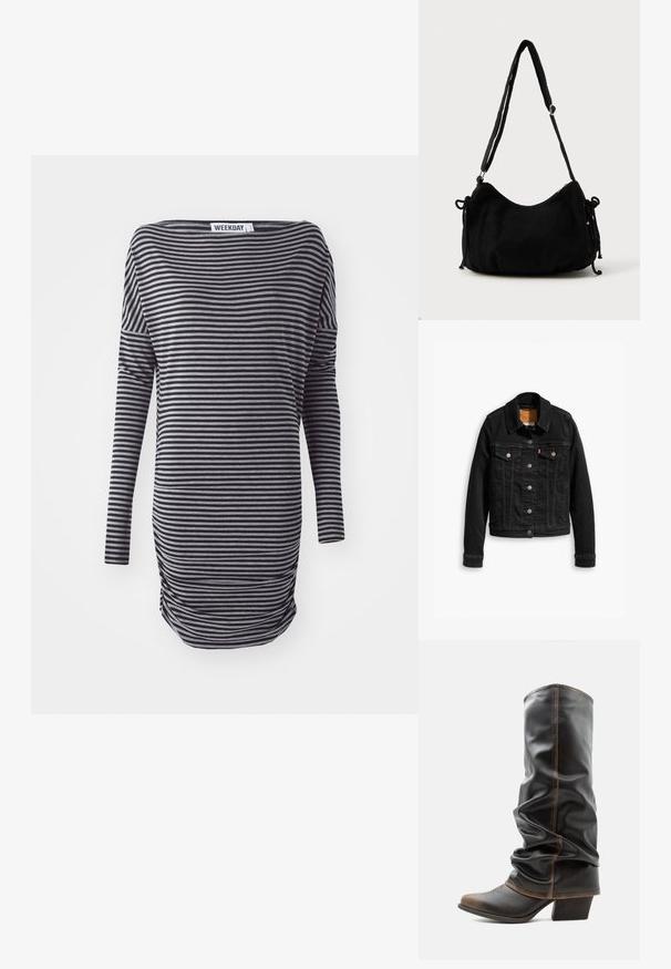 Zwarte denimjack met twee voorzakken op de borst, zilveren knoopsluitingen en een klassieke kraag. Soepele textuur met contrasterende stikdetails.; Gestreepte langemouwen jurk in zwart en grijs. Heeft een ontspannen pasvorm, een ronde halslijn en zijdelingse ruching. Gemaakt van zachte stof.; Hoge zwarte leren slappe laars met bruine accenten, puntige neus en gestapelde hak tegen een effen witte achtergrond.; Zwarte corduroy schoudertas met een gebogen vorm, een verstelbare schouderband en trekkoordsluitingen aan beide zijkanten voor maataanpassing.