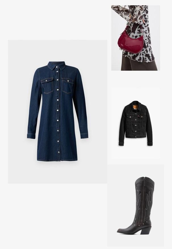 Schwarze Jeansjacke mit zwei Brusttaschen, silbernen Knopfverschlüssen und einem klassischen Kragen. Glatte Textur mit kontrastierenden Nähten.; Dunkelblaues Denim-Hemdkleid mit langen Ärmeln und Kragen, silberne Druckknöpfe vorne und zwei Brusttaschen mit Klappen und Druckknöpfen.; Braune Cowboy-Stiefel aus Leder mit Flammenstickerei, seitlichem Reißverschluss, silbernen Nieten, spitzer Zehenpartie und geschichtetem Absatz.; Frau trägt eine schwarz-weiß gemusterte Bluse und hält eine glänzende rote Schultertasche vor einem einfarbigen Hintergrund.
