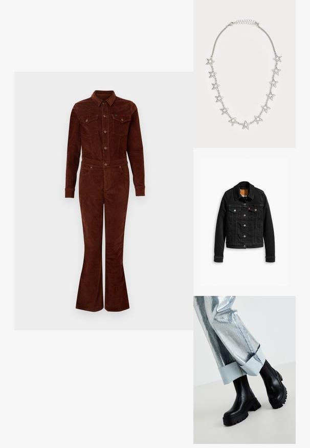 Sort denimjakke med to brystlommer, sølvknap-lukninger og klassisk krave. Glat tekstur med kontrasterende syningsdetaljer.; Brun fløjl jumpsuit med krave, lange ærmer, flagrende ben, brystlommer og metalknapdetaljer. Glat tekstur og tætsiddende design.; Sorte chunky ankelstøvler med teksturerede såler, iført sølvmetallic bukser med en lys denimopretning. Minimalistisk design, slanke materialer.; Sølv kæderekæde med elleve stjerneformede charms, hver med en klar central ædelsten, og en justerbar lås.