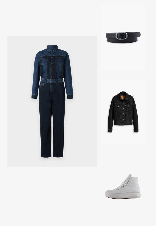 Chaqueta de denim negra con dos bolsillos en el pecho, cierres de botones plateados y un cuello clásico. Textura suave con detalles de costura en contraste.; Pantalón mono de mezclilla en un color azul oscuro, con mangas largas, cierre de botones en la parte delantera, cuello y cintura ceñida con cinturón, además de dos bolsillos en el pecho.; Zapatilla de lona blanca de caña alta con cordones blancos, ojales metálicos, suela gruesa de goma y puntera texturizada, mirando hacia la izquierda sobre un fondo blanco.; Cinturón de cuero negro con una textura suave, hebilla ovalada de metal plateado y múltiples agujeros de ajuste a lo largo de la correa. Diseño plano y minimalista.