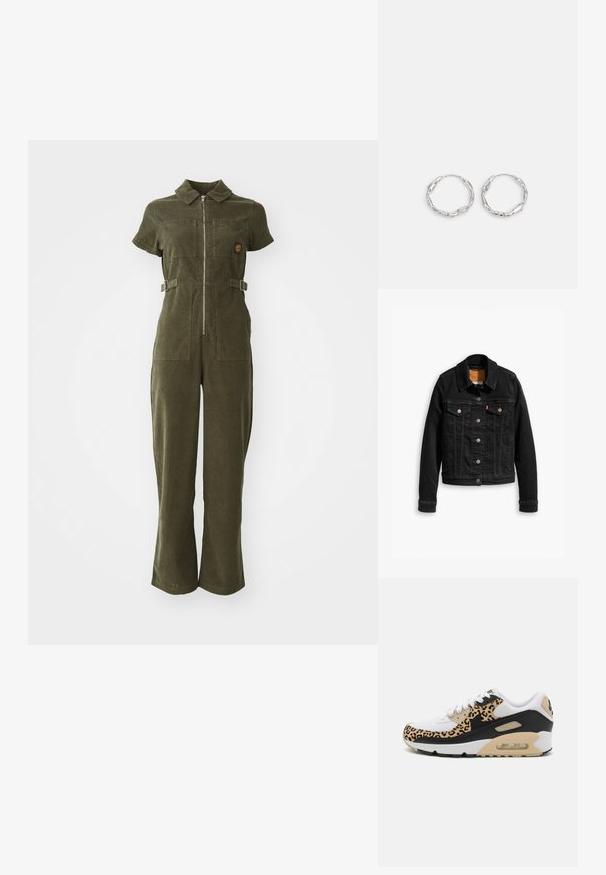 Sort denimjakke med to brystlommer, sølvknap-lukninger og klassisk krave. Glat tekstur med kontrasterende syningsdetaljer.; Olivengrøn kordfløjl jumpsuit med lynlås foran, korte ærmer, to brystlommer og justerbare sidebånd. Bukser med flared ben.; Nike Air Max 90 sneakers har en hvid mesh-overdel, leopardprint-accenter, sorte læderpaneler og en synlig luftpude i sålen.; Sølv hoops med en bølget, uregelmæssig tekstur. Har en tynd, cirkulær form og en reflekterende finish.