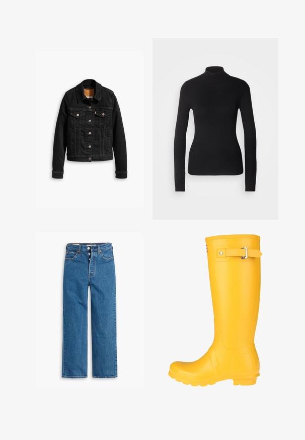 Zwarte denimjack met twee voorzakken op de borst, zilveren knoopsluitingen en een klassieke kraag. Soepele textuur met contrasterende stikdetails.; Zwarte coltrui gemaakt van lichte brei stof. Heeft lange mouwen, een aansluitend design en een zachte ribbeltextuur.; Blauwe denim jeans met rechte pijpen en hoge taille, vijf zakken en een knoopsluiting. Merkbare stiksels en koperen klinknagels.; Geel rubberen regenlaars met een gladde oppervlakte, verstelbare gesp, en een gestructureerde zool voor grip. Hoge ontwerp, ronde neus en naadloze body.
