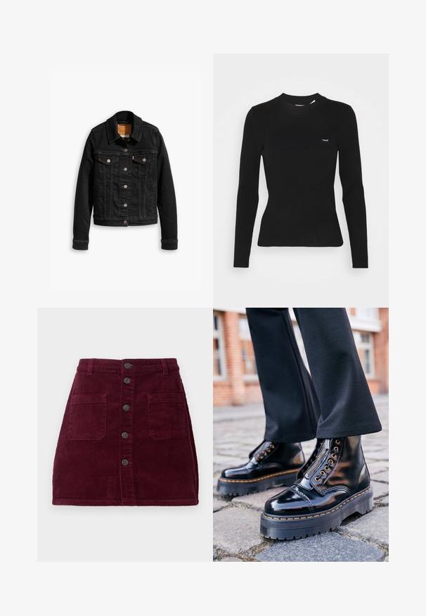 Sort denimjakke med to brystlommer, sølvknap-lukninger og klassisk krave. Glat tekstur med kontrasterende syningsdetaljer.; Sort ribbet langærmet top med en tætsiddende pasform. Den har en rund halsudskæring og et lille hvidt "Levi's"-logo på venstre bryst.; Burgunderfarvet kordfløjlsskjorte med høj talje, fem frontknapper og to forlommer; tekstureret stof med lodret ribbede mønster.; Sorte lakerede ankelstøvler med en tyk gummisål, sidelukning med lynlås, guldfarvede øjer og kontrastfarvet gult syning.