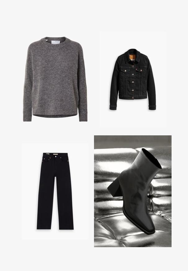 Sort denimjakke med to brystlommer, sølvknap-lukninger og klassisk krave. Glat tekstur med kontrasterende syningsdetaljer.; Langærmet grå uldsweater til kvinder med rund hals, ribstrikkede manchetter og kant, mærket Selected Femme.; Sorte denim jeans med lige pasform, fem lommer, kobberdetaljer og en glat tekstur. To mærker synlige på taljebåndet.; Sorte ankelstøvler lavet af glossy materiale med firkantet tå og spidse hæle, sat mod en skinnende sølv tuftet baggrund.