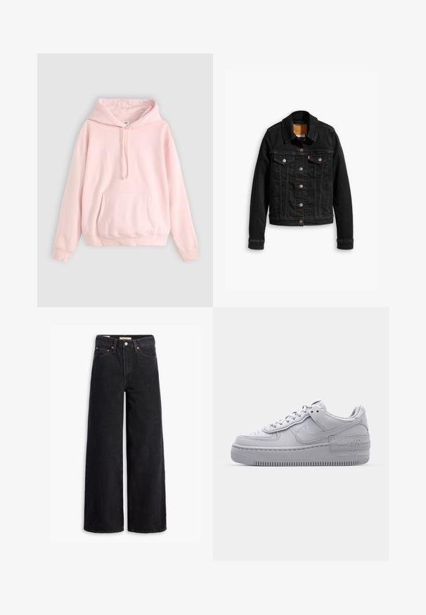 Schwarze Jeansjacke mit zwei Brusttaschen, silbernen Knopfverschlüssen und einem klassischen Kragen. Glatte Textur mit kontrastierenden Nähten.; Helle rosa Kapuzenpullover mit großer Fronttasche, Kordelzug und gerippten Bündchen. Hergestellt aus weichem, bequemem Material mit minimalem Branding.; Schwarze weite Jeans aus Denim mit fünf Taschen, Kupferrivets und einem klassischen Knopfverschluss. Glatte Textur mit einem klaren Design.; Graue Nike Air Force 1 Sneaker mit perforierter Zehenpartie, Obermaterial aus glattem Leder, dicker Sohle und geprägtem 'AIR'-Detail an der Ferse.