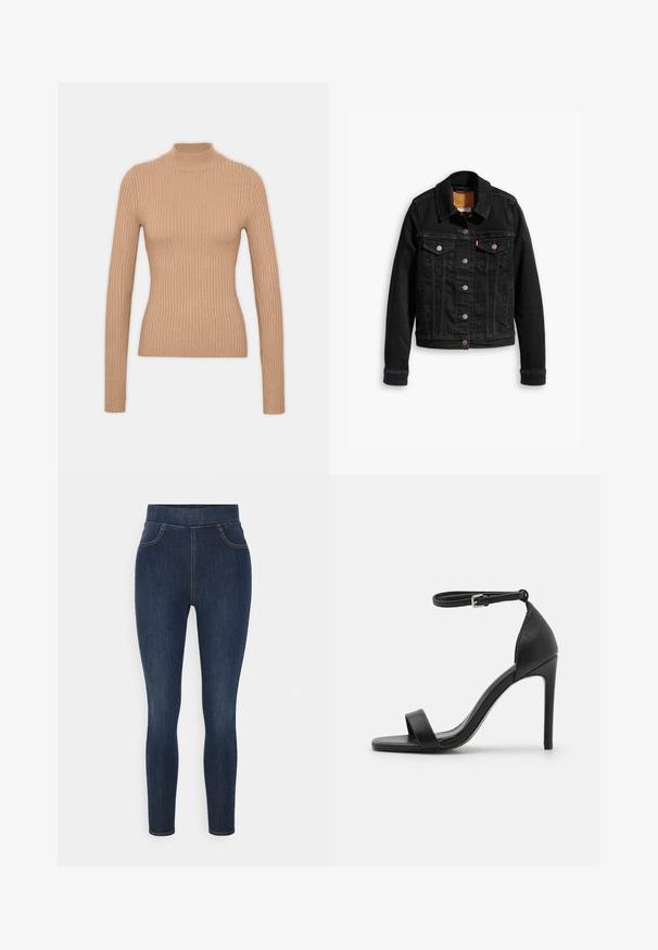 Veste en denim noir avec deux poches poitrine à l'avant, fermetures à boutons argentés et col classique. Texture lisse avec des détails de couture contrastants.; Pull à col roulé beige à côtes, avec des manches longues, un design cintré, une texture douce et un col haut.; Jeggings en denim bleu foncé dotés d'une taille haute, d'une coupe slim et d'un léger dégradé. Comprend des poches avant et une texture lisse et douce.; Sandale noire à talons hauts au design épuré, avec une bride au niveau de la cheville, un bout ouvert et une texture en cuir lisse.