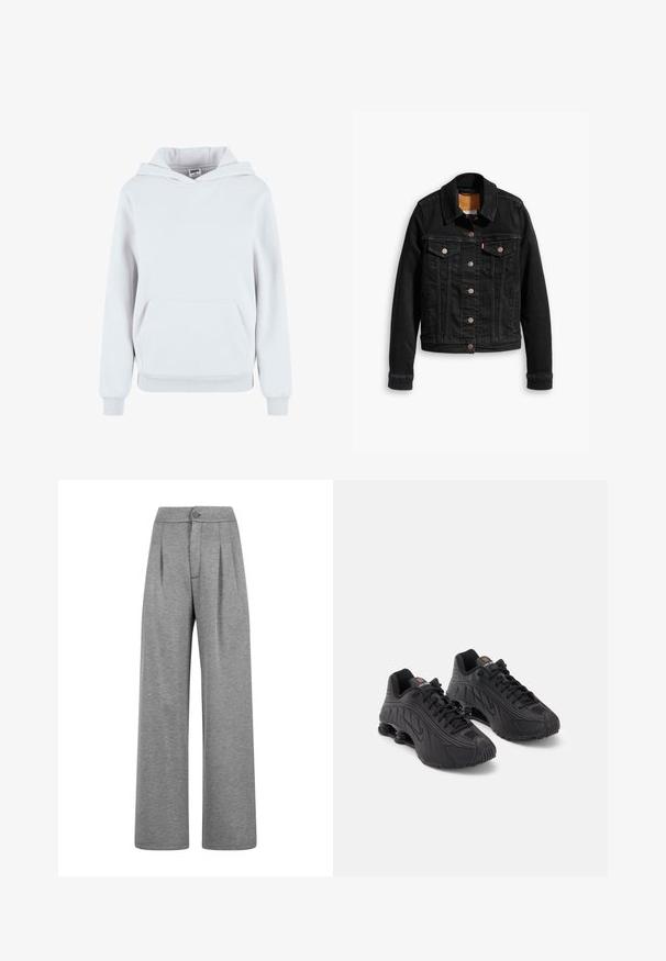 Zwarte denimjack met twee voorzakken op de borst, zilveren knoopsluitingen en een klassieke kraag. Soepele textuur met contrasterende stikdetails.; Witte katoenen hoodie met een voorzijde buidelzak, verstelbare trekkoordkap, ribgebreide manchetten en onderrand; gladde textuur, casual ontwerp.; Grijze broeken met hoge taille en brede pijpen, met plooien vooraan, knoopsluiting en ritssluiting.; Zwarte sportschoenen met een glad synthetisch bovenwerk, getextureerde accenten, vetersluiting en zichtbare veerkrachtige demping bij de hiel.