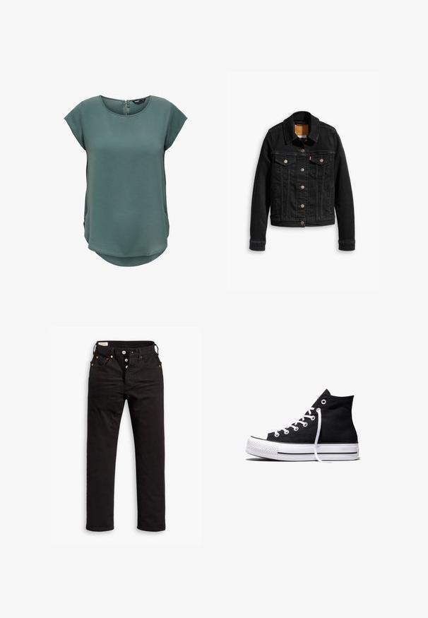 Veste en denim noir avec deux poches poitrine à l'avant, fermetures à boutons argentés et col classique. Texture lisse avec des détails de couture contrastants.; Haut vert à manches courtes en tissu texturé. Présente un col rond et une fermeture éclair discrète au dos, avec un ourlet légèrement arrondi.; Jean noir à jambe droite avec fermeture à boutons, poches avant et arrière, et détails en rivets cuivrés sur fond blanc.; Baskets montantes en toile noire avec semelle en caoutchouc blanche et lacets blancs, vues de côté sur un fond blanc.