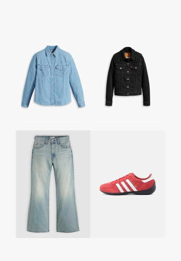 Sort denimjakke med to brystlommer, sølvknap-lukninger og klassisk krave. Glat tekstur med kontrasterende syningsdetaljer.; Lyseblå denimskjorte med lange ærmer, spidse krave, to brystlommer, knaplukning og subtil tekstur. Ingen synlige mønstre.; Lyseblå cowboybukser med høj talje, forreste knap og lynlås, fem lommer og let udvidede ben.; Rød ruskind atletiksko med hvidt trestribet design, sort gummisål og minimalistisk form. Gulddetalje med logo på siden.