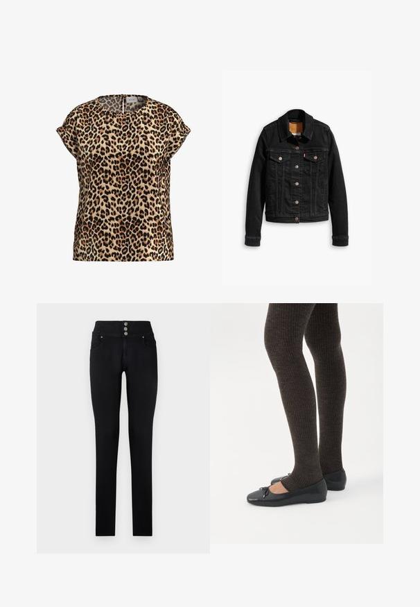 Veste en denim noir avec deux poches poitrine à l'avant, fermetures à boutons argentés et col classique. Texture lisse avec des détails de couture contrastants.; Top en imprimé léopard, à manches courtes, col rond, en tissu soyeux ; présente un fond beige avec des taches noires et brunes.; Jean slim en denim noir avec une taille haute, comportant trois boutons à l'avant, deux poches latérales et une texture lisse.; Jambes portant des leggings côtelés foncés associés à des ballerines noires avec de petits détails en nœud sur fond blanc.