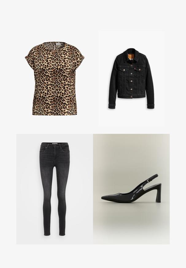 Sort denimjakke med to brystlommer, sølvknap-lukninger og klassisk krave. Glat tekstur med kontrasterende syningsdetaljer.; Top med leopardprint, korte ærmer, rund halsudskæring, lavet af silkeagtigt stof; har en lys brun baggrund med sorte og brune pletter.; Slim-fit sorte denim jeans med mellemhøj talje, fem-lomme design og let falmning for struktur. Glat, strækbart stof for komfort.; Sort laklæder slingback pumpt med spids tå, blokhæl i mellemstørrelse og justerbar spænde.