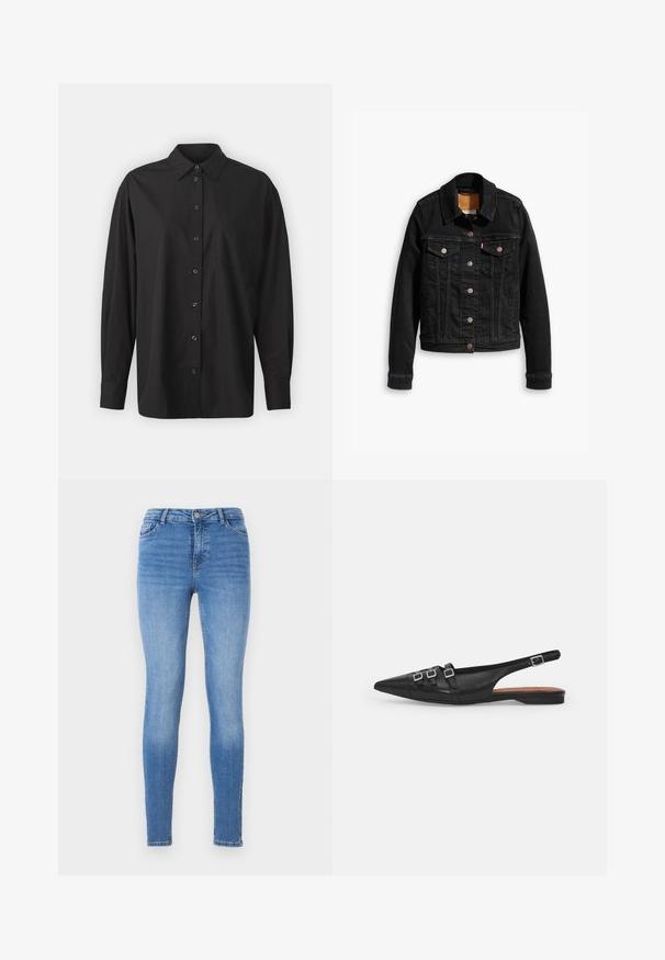 Sort denimjakke med to brystlommer, sølvknap-lukninger og klassisk krave. Glat tekstur med kontrasterende syningsdetaljer.; GAP THE BIG SHIRT - Skjortebluser - black; Slanke jeans i lyseblå denim med mellemhøj talje, fem-pockets design og tonal syning med en glat tekstur.; Sort læderslyngeflad sko med spids tå, der har to vandrette stropper og firkantede sølvspænder, lav hæl og glat tekstur.