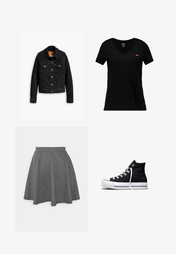 Zwarte denimjack met twee voorzakken op de borst, zilveren knoopsluitingen en een klassieke kraag. Soepele textuur met contrasterende stikdetails.; Zwart katoenen V-hals T-shirt met korte mouwen, met een klein rood Levi's-logo op de linkerkant van de borst en een gladde textuur.; Zwart-witte geblokte skaterrok met een strakke tailleband en een uitlopende zoom, gemaakt van textuurstof die een klassiek patroon toont.; Zwarte hooggesloten canvas sneaker met witte rubberen zool en witte veters, zijwaarts weergegeven op een witte achtergrond.
