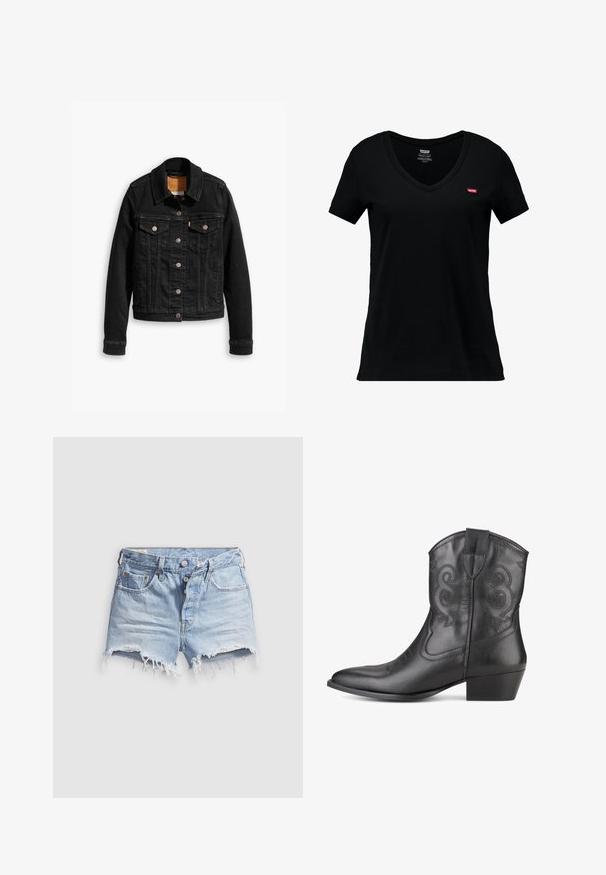Zwarte denimjack met twee voorzakken op de borst, zilveren knoopsluitingen en een klassieke kraag. Soepele textuur met contrasterende stikdetails.; Zwart katoenen V-hals T-shirt met korte mouwen, met een klein rood Levi's-logo op de linkerkant van de borst en een gladde textuur.; Lichtblauwe denim short met afgeknipte pijpen en rafelige zoom, vijf zakken en een knoopsluiting. De stof is zacht en heeft een licht versleten uitstraling.; Zwarte leren cowboylaars met een spitse neus, decoratieve stiksels op de schacht en een gestapelde hak. Glad van structuur en geen zichtbare metallic onderdelen.