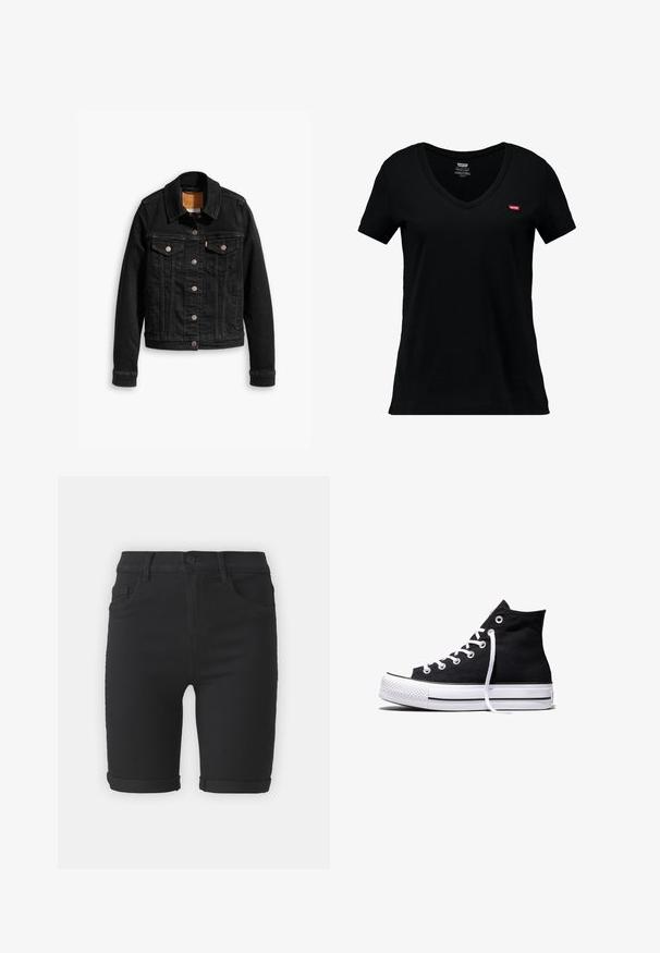 Sort denimjakke med to brystlommer, sølvknap-lukninger og klassisk krave. Glat tekstur med kontrasterende syningsdetaljer.; Sort bomulds V-hals t-shirt med korte ærmer, der har et lille rødt Levi's logo på venstre brystområde og en glat tekstur.; Sorte denim shorts med lige skæring, med oprullede kanter, forlommer og knaplukning. Glat overflade og minimalistisk design.; Sort high-top canvas sneaker med hvid gummisål og hvide snørebånd, vist fra siden mod en hvid baggrund.