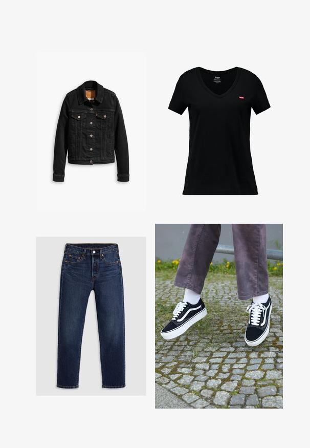 Schwarze Jeansjacke mit zwei Brusttaschen, silbernen Knopfverschlüssen und einem klassischen Kragen. Glatte Textur mit kontrastierenden Nähten.; Schwarzes Baumwoll-V-Ausschnitt-T-Shirt mit kurzen Ärmeln, versehen mit einem kleinen roten Levi's-Logo auf der linken Brustseite und einer glatten Textur.; Dunkelblaue Jeans aus Denim mit geradem Bein-Design. Verfügt über einen Reißverschluss mit Knopfverschluss, fünf Taschen und kontrastierende Nähte.; Schwarze Wildleder-Sneaker mit weißen Akzenten, runder Zehenform, dicker weißer Sohle und klassischem Schnürdesign, getragen mit weißen Socken und lila Hose.