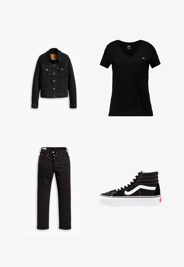 Schwarze Jeansjacke mit zwei Brusttaschen, silbernen Knopfverschlüssen und einem klassischen Kragen. Glatte Textur mit kontrastierenden Nähten.; Schwarzes Baumwoll-V-Ausschnitt-T-Shirt mit kurzen Ärmeln, versehen mit einem kleinen roten Levi's-Logo auf der linken Brustseite und einer glatten Textur.; Schwarze Straight-Leg-Jeans mit Knopfverschluss, Vorder- und Gesäßtaschen sowie Kupfennieten auf einem weißen Hintergrund.; Schwarze High-Top-Sneaker mit weißen Schnürsenkeln, einem weißen Logo und kontrastierendem weißen Nähten. Verfügt über eine dicke weiße Sohle und ein strukturiertes Wildleder-Obermaterial.