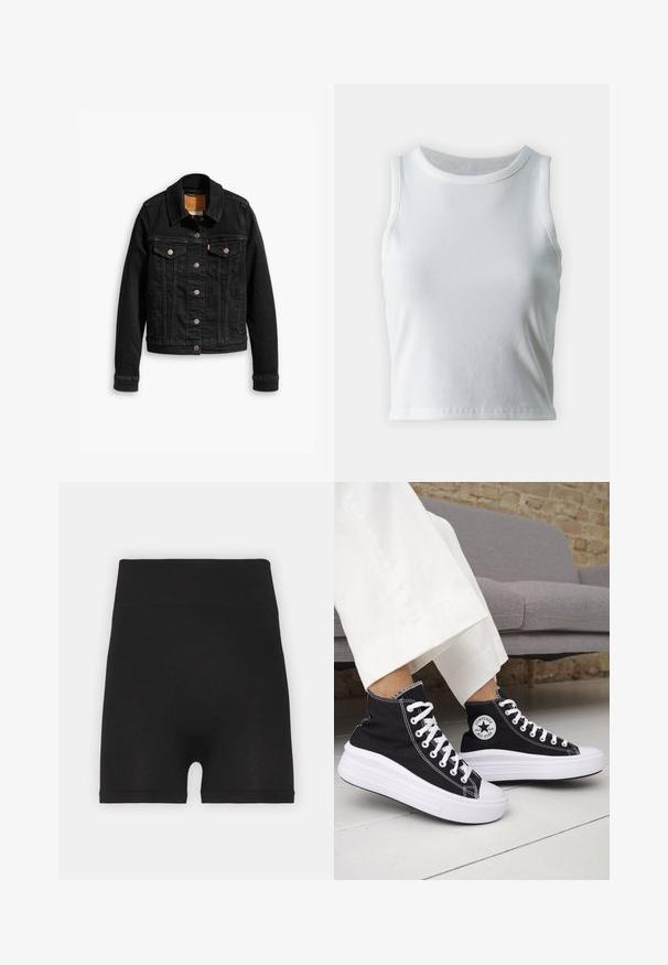 Sort denimjakke med to brystlommer, sølvknap-lukninger og klassisk krave. Glat tekstur med kontrasterende syningsdetaljer.; Hvid ribbet tanktop med rund halsudskæring og ærmeløs design, med en lige kant og en glat, strækbar tekstur.; Sorte ribbede cykelshorts med høj talje og blød tekstur, der har en glat overflade og ingen synlige sømme.; Sorte sneakers med højt skaft, hvide gummisåler og snørebånd. Har en rund logo-patch og kontrasterende hvide syninger. Fremstillet af lærredsmateriale.