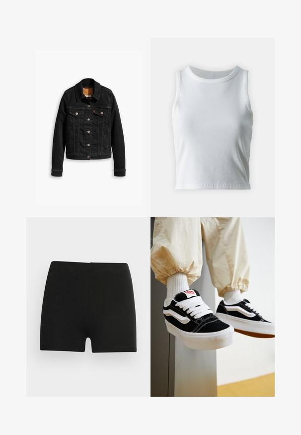 Veste en denim noir avec deux poches poitrine à l'avant, fermetures à boutons argentés et col classique. Texture lisse avec des détails de couture contrastants.; Débardeur blanc côtelé avec un décolleté rond et sans manches, présentant un ourlet droit et une texture lisse et extensible.; Shorts en coton noir au design ajusté et à taille élastique. Texture lisse, longueur mi-cuisse, sans motifs ni accents visibles.; Personne portant des baskets Vans noires et blanches avec des lacets blancs, des chaussettes blanches et un pantalon beige avec des poignets élastiques.