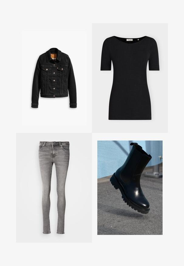 Schwarze Jeansjacke mit zwei Brusttaschen, silbernen Knopfverschlüssen und einem klassischen Kragen. Glatte Textur mit kontrastierenden Nähten.; Schwarzes figurbetontes T-Shirt mit kurzen Ärmeln und weitem rundem Ausschnitt, hergestellt von Marc O'Polo, Größe klein.; Graue Skinny-Jeans mit verwaschenem Finish, klassischem Fünf-Taschen-Design, Metallknopf- und Reißverschluss sowie dezenten Steppnähten.; Schwarzer Leder-Stiefelette mit elastischen Seitenteilen, rundlicher Spitze und einer dicken, strukturierten Sohle. Glatte Oberfläche mit minimalistischem Design.