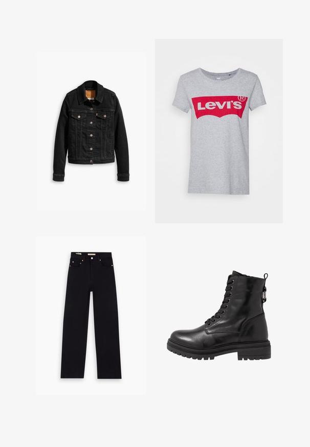 Veste en denim noir avec deux poches poitrine à l'avant, fermetures à boutons argentés et col classique. Texture lisse avec des détails de couture contrastants.; T-shirt en coton gris avec un grand logo rouge Levi's sur la poitrine, doté d'un col rond classique et de manches courtes.; Jean en denim noir avec une coupe droite, cinq poches, matériel en cuivre et texture lisse. Deux étiquettes visibles sur la taille.; Bottine en cuir noir avec bout arrondi, devant à lacets et semelle en caoutchouc texturé. Comprend une languette au dos et des coutures renforcées.