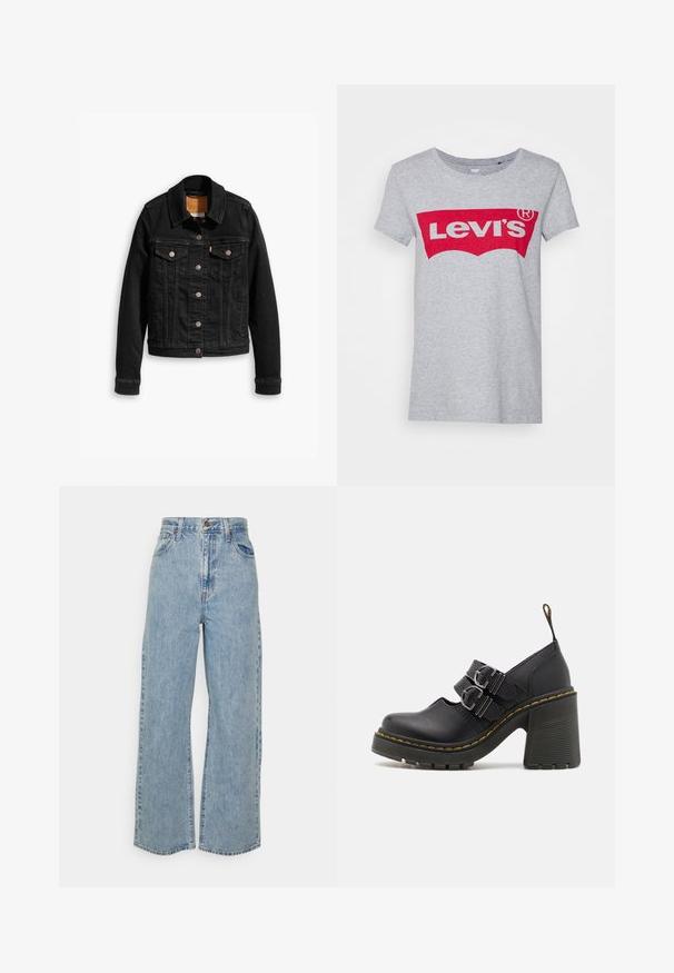 Schwarze Jeansjacke mit zwei Brusttaschen, silbernen Knopfverschlüssen und einem klassischen Kragen. Glatte Textur mit kontrastierenden Nähten.; Grauer Baumwoll-T-Shirt mit einem großen roten Levi's-Logo über der Brust, klassischem Rundhals und kurzen Ärmeln.; Hellblaue, weit geschnittene Jeans mit hoher Taille, vorderem Knopf, Reißverschluss und Fünf-Taschen-Design auf neutralem Hintergrund.; Schwarze High Heels mit einer strukturierten Sohle, ausgestattet mit zwei silbernen Schnallen, gelben Nähten und einer Schlaufe hinten für einfaches Anziehen.