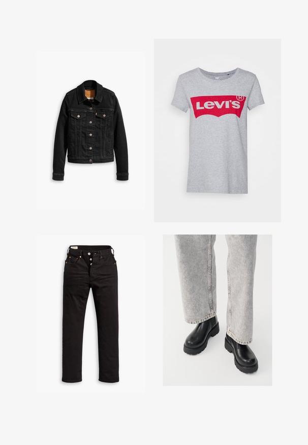 Zwarte denimjack met twee voorzakken op de borst, zilveren knoopsluitingen en een klassieke kraag. Soepele textuur met contrasterende stikdetails.; Grijze katoen t-shirt met een groot rood Levi's logo over de borst, met een klassieke ronde hals en korte mouwen.; Zwarte rechtlopende jeans met knoopsluiting, voor- en achterzakken, en koperen klinknagels op een witte achtergrond.; Vagabond COSMO - Enkellaarsjes met plateauzool - black