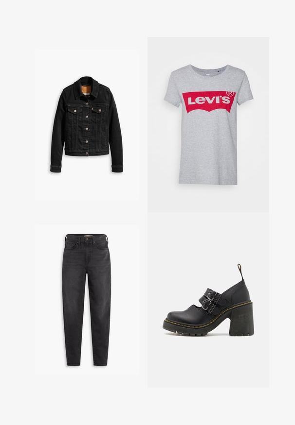 Chaqueta de denim negra con dos bolsillos en el pecho, cierres de botones plateados y un cuello clásico. Textura suave con detalles de costura en contraste.; Camiseta de algodón gris con un gran logo rojo de Levi's en el pecho, con un clásico escote redondo y mangas cortas.; Jeans ajustados de talle alto y color negro, con bolsillos delanteros y traseros, cierre de botón y pasadores para cinturón, exhibidos sobre un fondo blanco.; Zapatos de tacón alto negros con una suela texturada, que cuentan con dos hebillas plateadas, costuras amarillas y un lazo en la parte trasera para facilitar su uso.