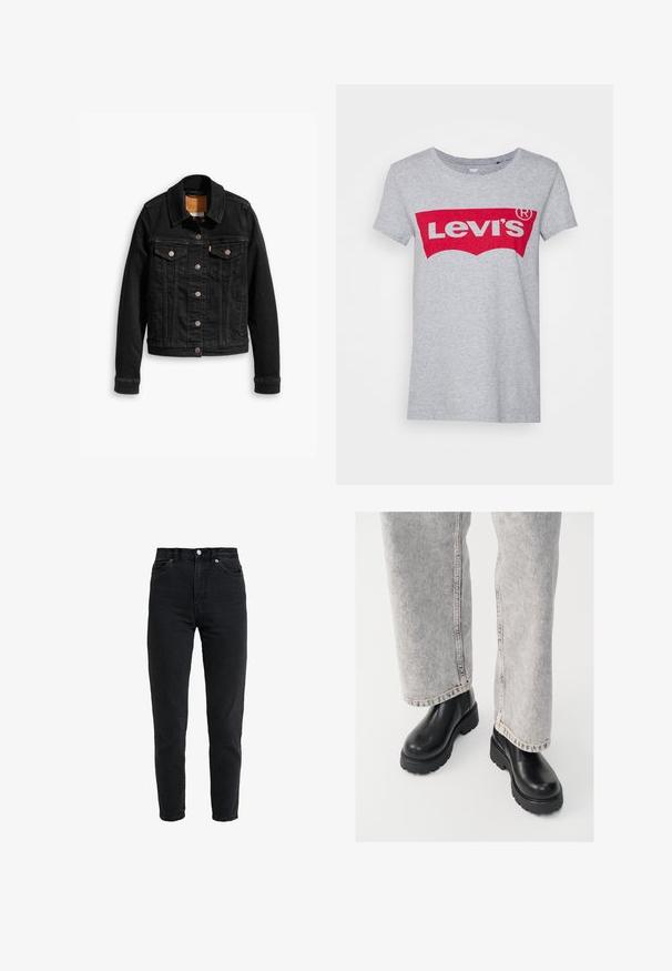 Zwarte denimjack met twee voorzakken op de borst, zilveren knoopsluitingen en een klassieke kraag. Soepele textuur met contrasterende stikdetails.; Grijze katoen t-shirt met een groot rood Levi's logo over de borst, met een klassieke ronde hals en korte mouwen.; High-waist zwarte spijkerbroek met voorste knoop en rits, twee voorzakken en taps toelopende pijpen op een witte achtergrond.; Vagabond COSMO - Enkellaarsjes met plateauzool - black