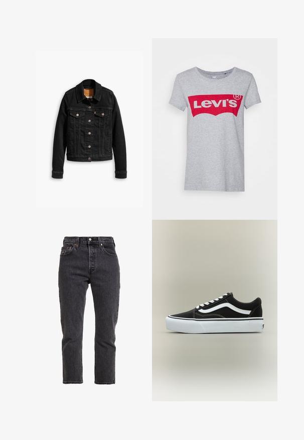 Sort denimjakke med to brystlommer, sølvknap-lukninger og klassisk krave. Glat tekstur med kontrasterende syningsdetaljer.; Grå bomulds t-shirt med et stort rødt Levi's-logo på tværs af brystet, med en klassisk rund halsudskæring og korte ærmer.; Sorte denimjeans med lige ben, høj talje, fem lommer og metalknaplukning. Subtile teksturer og syninger.; Lavtop sort sneaker med hvid side stribe, hvide snørebånd, hvid gummisål og tekstureret tåhætte på neutral baggrund.