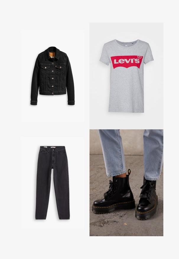 Veste en denim noir avec deux poches poitrine à l'avant, fermetures à boutons argentés et col classique. Texture lisse avec des détails de couture contrastants.; T-shirt en coton gris avec un grand logo rouge Levi's sur la poitrine, doté d'un col rond classique et de manches courtes.; Jean en denim noir avec une coupe droite, comportant cinq poches, une fermeture à bouton à l'avant et des détails brodés le long des coutures.; Personne portant un jean bleu clair et des bottes à plateforme en cuir noir lacées avec des coutures jaunes sur un sol en béton.