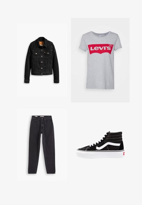 Schwarze Jeansjacke mit zwei Brusttaschen, silbernen Knopfverschlüssen und einem klassischen Kragen. Glatte Textur mit kontrastierenden Nähten.; Grauer Baumwoll-T-Shirt mit einem großen roten Levi's-Logo über der Brust, klassischem Rundhals und kurzen Ärmeln.; Schwarze Denim-Jeans mit geradem Bein, ausgestattet mit fünf Taschen, vorderer Knopfleiste und genähten Details entlang der Nähte.; Schwarze High-Top-Sneaker mit weißen Schnürsenkeln, einem weißen Logo und kontrastierendem weißen Nähten. Verfügt über eine dicke weiße Sohle und ein strukturiertes Wildleder-Obermaterial.