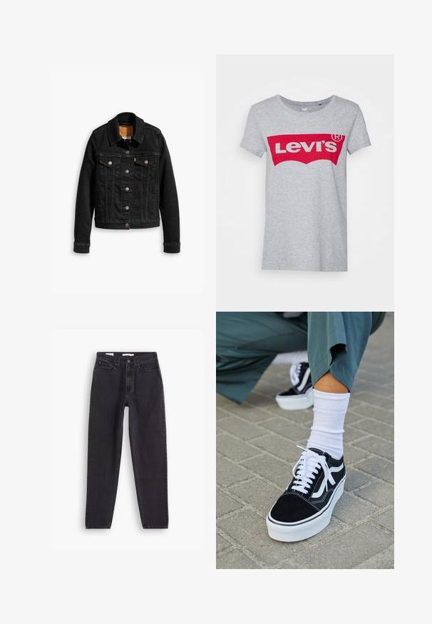 Veste en denim noir avec deux poches poitrine à l'avant, fermetures à boutons argentés et col classique. Texture lisse avec des détails de couture contrastants.; T-shirt en coton gris avec un grand logo rouge Levi's sur la poitrine, doté d'un col rond classique et de manches courtes.; Jean en denim noir avec une coupe droite, comportant cinq poches, une fermeture à bouton à l'avant et des détails brodés le long des coutures.; Baskets en suède noir avec des accents et des lacets blancs, présentant une épaisse semelle blanche et des coutures contrastantes, associées à une chaussette blanche.