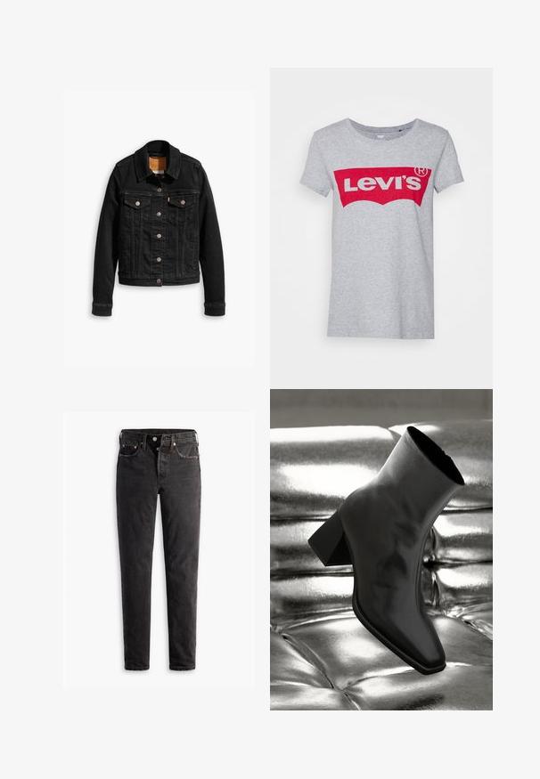 Zwarte denimjack met twee voorzakken op de borst, zilveren knoopsluitingen en een klassieke kraag. Soepele textuur met contrasterende stikdetails.; Grijze katoen t-shirt met een groot rood Levi's logo over de borst, met een klassieke ronde hals en korte mouwen.; Zwarte denim jeans met een rechte pijp, voorzien van vijf zakken, koperen hardware en een licht vervaagde textuur.; Zwarte enkellaarsjes van glanzend materiaal met een vierkante neus en taps toelopende hak, afgezet tegen een glanzende zilveren gecapitonneerde achtergrond.