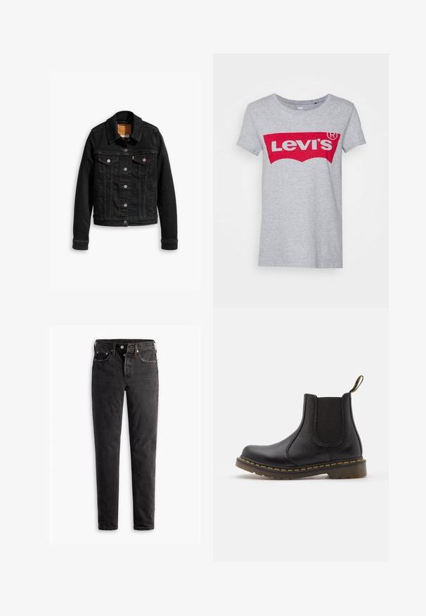 Chaqueta de denim negra con dos bolsillos en el pecho, cierres de botones plateados y un cuello clásico. Textura suave con detalles de costura en contraste.; Camiseta de algodón gris con un gran logo rojo de Levi's en el pecho, con un clásico escote redondo y mangas cortas.; Jeans de denim negro con corte recto, que cuentan con cinco bolsillos, herrajes de cobre y una textura ligeramente deslavada.; Botín Chelsea de cuero negro con paneles laterales elásticos, punta redonda, costuras amarillas, suela de goma y una lengüeta en la parte trasera para facilitar el calzado.