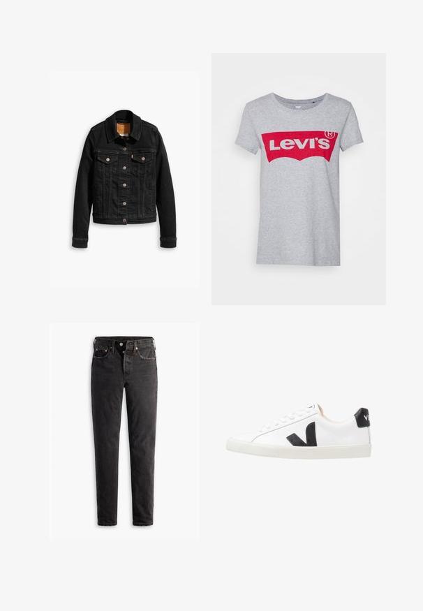 Sort denimjakke med to brystlommer, sølvknap-lukninger og klassisk krave. Glat tekstur med kontrasterende syningsdetaljer.; Grå bomulds t-shirt med et stort rødt Levi's-logo på tværs af brystet, med en klassisk rund halsudskæring og korte ærmer.; Sorte denim jeans med lige ben, der har fem lommer, kobberhardware og en let slidte måde.; Hvide sneakers med et sort V-logo, der har en glat læderoverdel, rund tå, snørrelukning og en kontrasterende sort hælflap.