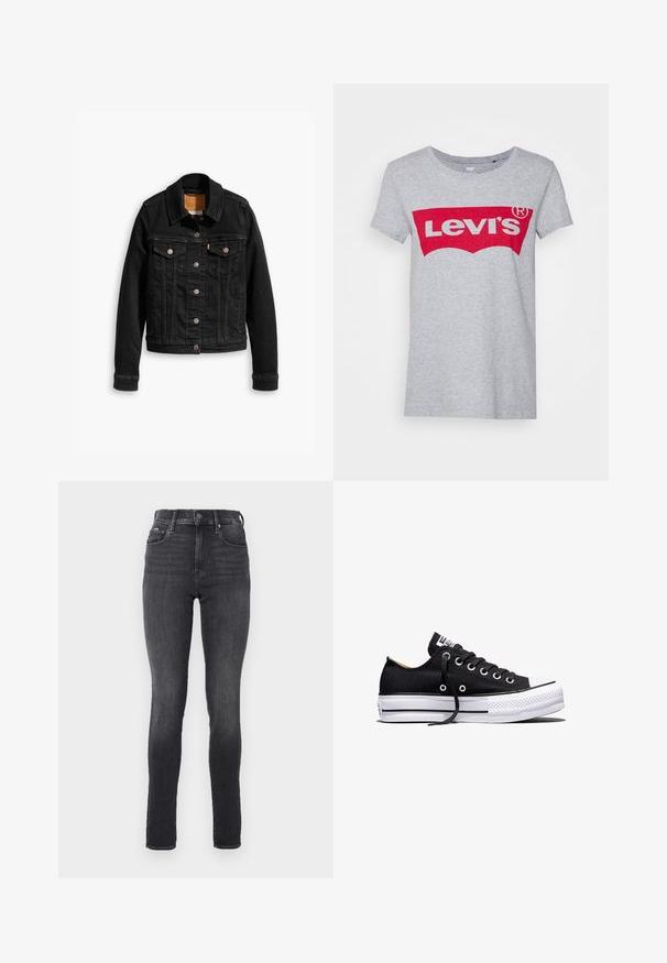 Zwarte denimjack met twee voorzakken op de borst, zilveren knoopsluitingen en een klassieke kraag. Soepele textuur met contrasterende stikdetails.; Grijze katoen t-shirt met een groot rood Levi's logo over de borst, met een klassieke ronde hals en korte mouwen.; Hoge taille skinny jeans in donkergrijs denim, met een gladde textuur, voorzien van voorzakken en een metalen knoopsluiting bij de tailleband.; Zwarte lage canvas sneaker met witte rubberen plateauzool, zwarte veters en metalen oogjes op een witte achtergrond.