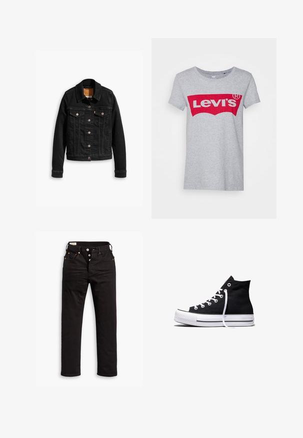 Zwarte denimjack met twee voorzakken op de borst, zilveren knoopsluitingen en een klassieke kraag. Soepele textuur met contrasterende stikdetails.; Grijze katoen t-shirt met een groot rood Levi's logo over de borst, met een klassieke ronde hals en korte mouwen.; Zwarte rechtlopende jeans met knoopsluiting, voor- en achterzakken, en koperen klinknagels op een witte achtergrond.; Zwarte hooggesloten canvas sneaker met witte rubberen zool en witte veters, zijwaarts weergegeven op een witte achtergrond.