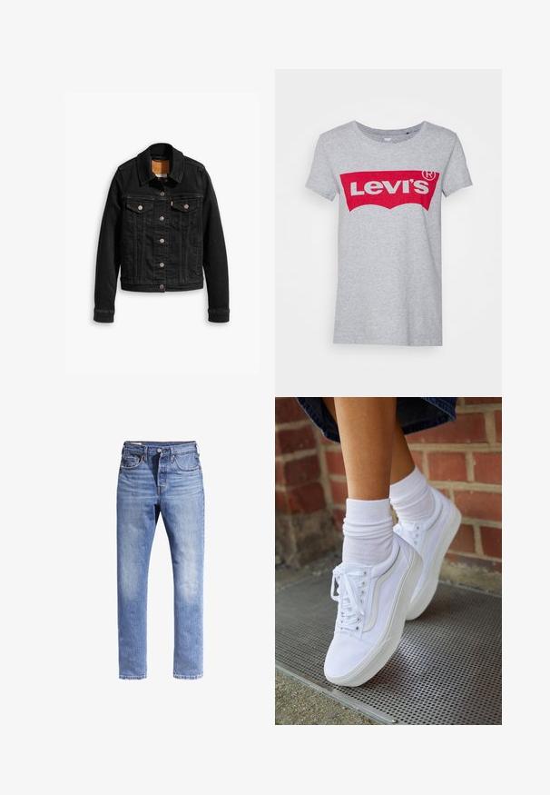 Veste en denim noir avec deux poches poitrine à l'avant, fermetures à boutons argentés et col classique. Texture lisse avec des détails de couture contrastants.; T-shirt en coton gris avec un grand logo rouge Levi's sur la poitrine, doté d'un col rond classique et de manches courtes.; Jeans en denim bleu clair avec une coupe droite, cinq poches et des coutures contrastées. Le tissu semble légèrement usé.; Baskets en toile blanches avec semelles en caoutchouc, dotées de six œillets, d'un bout rond et de détails de couture légers, portées avec des chaussettes blanches mi-mollet.